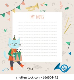 Template for notes with a nice cat musician. Children's illustration,  cat with drum.