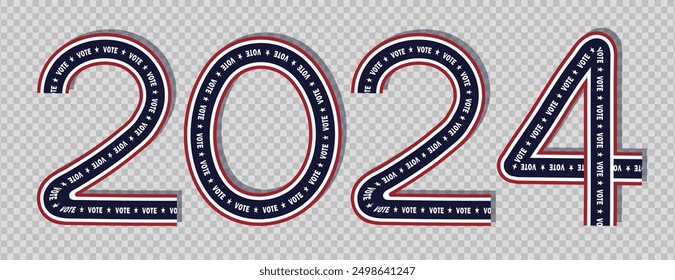 Template of number 2024 with a patriotic theme for the U.S. Presidential Election. The numbers are filled with red, white, and blue stripes and stars with repeated VOTE text on transparent background