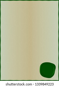 Template for an official vintage document with cracked beige background and green seal, original design. Vector, eps 10
