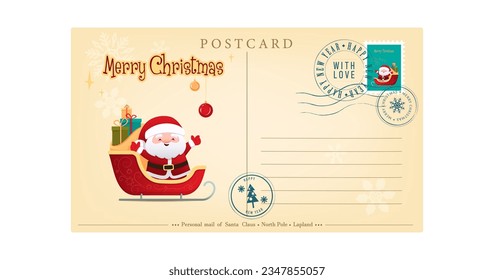 Template of an old Christmas envelope with the image of Santa.Retro style Christmas greeting card with rubber seal, stamp.Vector illustration in cartoon,retro style