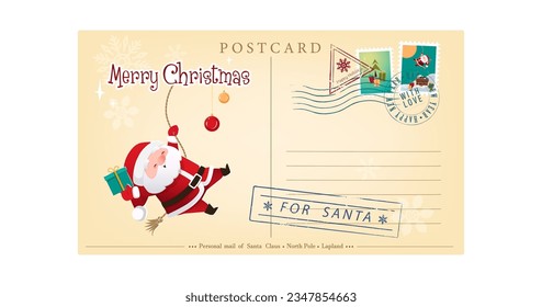 Template of an old Christmas envelope with a picture of Santa Claus going down the chimney. Retro style Christmas postcard with rubber seal, stamp. Vector illustration in cartoon, retro style