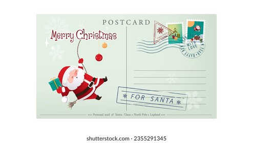 Template of an old Christmas envelope with a picture of Santa Claus going down the chimney. Retro style Christmas postcard with rubber seal, stamp. Vector illustration in cartoon, retro style