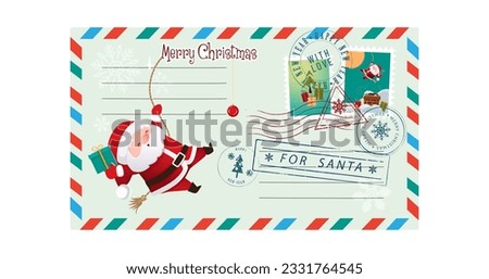 Template of an old Christmas envelope with a picture of Santa Claus going down the chimney. Retro style Christmas card with rubber seal, stamp. Vector illustration in cartoon, retro style