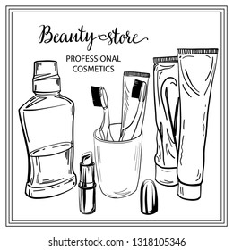 Template on the board with elements of body care products and face and hair and makeup - shampoo, cream, lotion, oil, spray, scissors. Sketchy background of cosmetics for a beauty salon. 