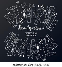 Template on the board with makeup elements - shampoo, cream, lipstick, comb, aerosol, lotion, oil. Sketchy background of cosmetics for a beauty salon. - vector