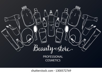 Template on the board with makeup elements - shampoo, cream, lipstick, comb, aerosol, lotion, oil. Sketchy background of cosmetics for a beauty salon. - vector