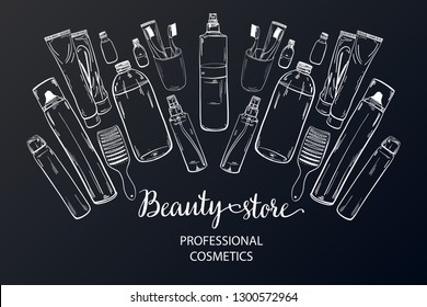 Template on the board with makeup elements - shampoo, cream, lipstick, comb, aerosol, lotion, oil. Sketchy background of cosmetics for a beauty salon. - vector