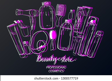 Template on the board with makeup elements - shampoo, cream, lipstick, comb, aerosol, lotion, oil. Sketchy background of cosmetics for a beauty salon. - vector