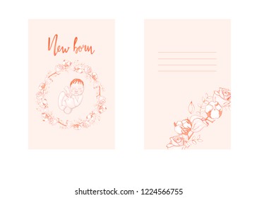 template on child birth. Newborn baby greeting card. Baby and flowers