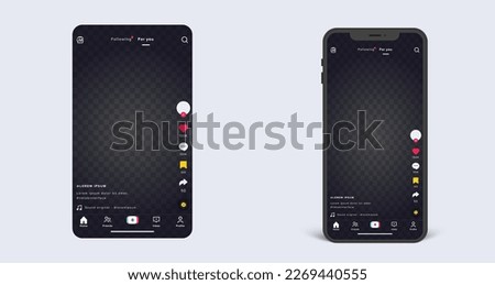 Template on screen UI mockup with like icon, search, home button, add new video button isolated. Photo or video frame transparent for mobile app. social media post frame. Vector Imagine de stoc © 