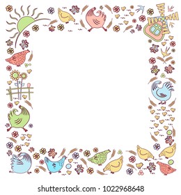 Template on the square of the silhouettes of chickens and roosters, chickens, swallows and flowers. The sun, the mill, the fence. Agriculture and farms for animals. With space for text. Vector.