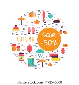 Template on the theme of autumn consisting of background which includes elements symbolizing the autumn and place for text on white background.