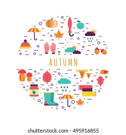Template on the theme of autumn consisting of background which includes elements symbolizing the autumn and place for text on white background.