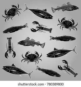 Template on the theme of seafood. Painted salmon, tuna, cod, lobster, crab. A picture in black. Vector illustration