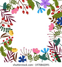 Template on a white background with abstract leaves and flowers. Made in a flat style. Vector illustration.