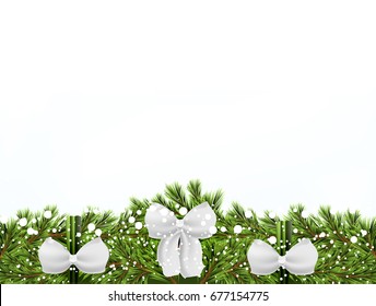 Template on white background with branch.Christmas tree decorated with white ribbons, chow and a bow. Vector illustration of a festive unpainted wreath. Eps 10