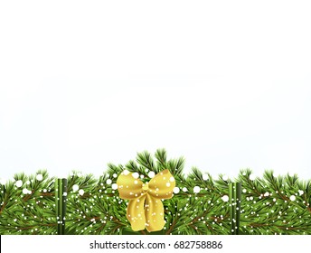 Template on white background with Christams branch.Christmas tree decorated with gold ribbons, snow and a bow. Vector illustration of a festive unpainted wreath. Eps 10