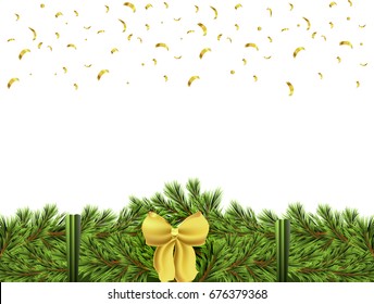 Template on white background with tree branch.Christmas tree decorated with gold ribbons and a bow. Vector illustration of a festive unpainted wreath. Eps 10