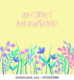 Template on a yellow background with abstract leaves and flowers. Made in a flat style. Vector illustration.