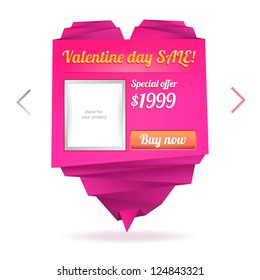 Template for on-line shop with origami paper heart with place for photo and message: Valentine's day sale