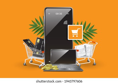 Template for online shopping advertisement on smartphone and computer application, vector digital marketing concept design