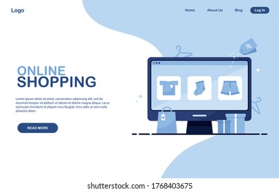 Template Online shopping banner. Landing page. Order, Purchases from home. Internet store. A computer with an open catalog of clothes. E-commerce marketing. Buy it now. Website page. Blue. Eps 10