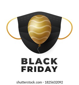 Template online shopping covid19 . Quarantine concept for Black Friday .Medical Mask with gold balloon isolated on white background.