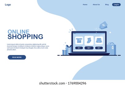 Template for online store. Online shopping banner. Preview page with text, Laptop with a clothing shop. Catalog of clothes for sale, orders from home. E-commerce marketing. Website page. Blue. Eps 10