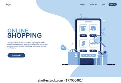 Template for online store. Online Shopping banner. Phone with a clothing shop. Catalog of clothes for sale, orders from home. Ecommerce marketing. Homepage Layout. Blue. Eps 10