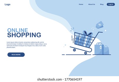 Template for online store. Online Shopping banner. Shopping cart with purchases, gifts, boxes. Delivery from a supermarket, shop. E-commerce landing page. Internet marketing. Web page. Blue. Eps 10