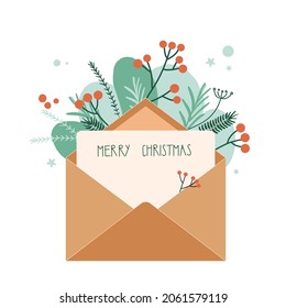 Template of open beige envelope with sheet and text Merry Christmas. Vector template for Christmas and New Year invitation or greeting card. Envelope with leaves, pine branch and floral elements