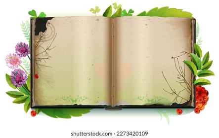 Template open book blank sheet page herbarium collection plant. Vector illustration isolated on white