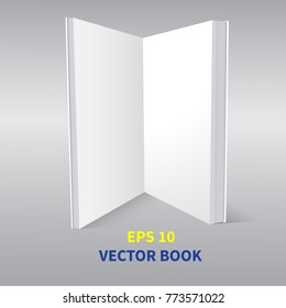 Template is an open book. With empty pages. Standing vertically on the surface, in perspective, A realistic image. On a gray background. Isolated object for design. Vector illustration.