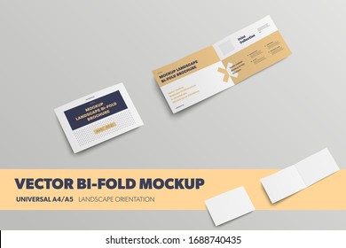 Template of open and closed vector bifold, with realistic shadows, standard size, isolated on background. Mockup of universal blank leflet, for presentation of design. Set of brochures