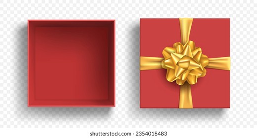 Template open gift box with golden bow and ribbon. Vector mockup isolated on transparent background.