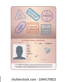 Template of an open passport with stamps, seals. Passport with marks from airport, with watermarks, international travel document, document with visas. Travel, immigration. Vector illustration.