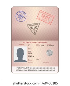 Template of an open passport with stamps, seals. Passport with marks from airport, with watermarks, international travel document, document with visas. Travel, immigration. Vector illustration.