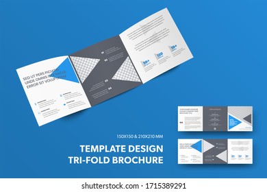 Template of open vector tri-fold with blue and gray triangles and place for photo, presentation of brochure design with abstract pattern, isolated on background. Set of square booklets front and back