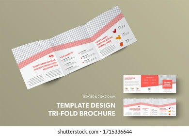 Template of open vector tri-fold with presentation of design, diagonal red lines and place for photo. Layout of a square standard business brochure. Roll fold booklet with realistic shadows. Set