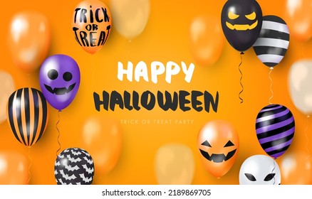 Banner naranja de plantilla con globos 3d con caras. Feliz Halloween. Ilustración vectorial