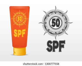 template orange tube with yellow cap. single color pattern sunscreen icon SPF 50. isolated on white background