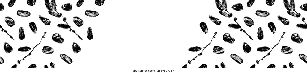 Banner de frutas de data orgânica de modelo. Tâmaras secas pretas padrão sem costura. Desenhos a carvão desenhados à mão do vetor para o rótulo de datas secas, design de embalagem nutricional, emblema de xarope natural.
