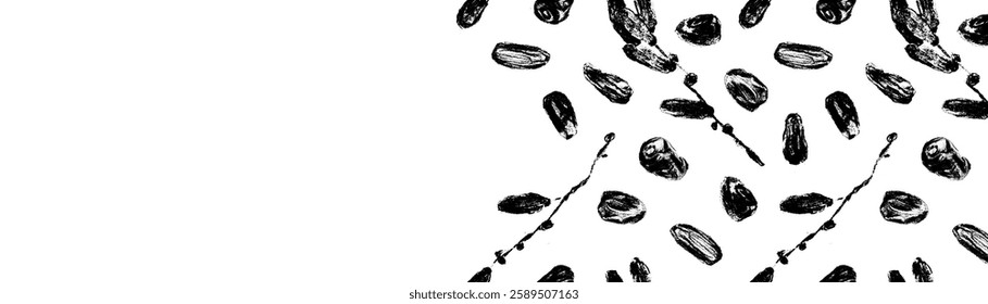 Plantilla Anuncio de fruta datilera orgánica. Patrón sin fisuras de dátiles secos negros. Dibujos de carbón dibujado a mano de Vector para la etiqueta de dátiles secos, diseño de empaque de nutrición, insignia de jarabe natural.