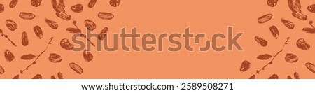 Template organic date fruit banner. Color dried dates seamless pattern. Vector hand drawn charcoal drawings for dried dates label, nutrition packaging design, natural syrup badge.