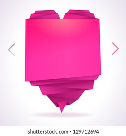 Template with origami paper heart with place for photo and message