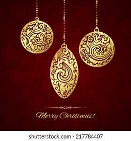 Template with ornamental Christmas balls. Pattern with snowflakes  Merry Christmas!