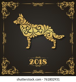 Template with ornate dog silhouette and decorative frame in classic sryle. Symbol of 2018. Greeting card, invitation, print design