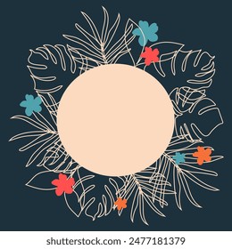  template with outline flowers, plants, tropical elements on blue background. vector illustration template with plants. wall paper with flat digital wall paper. creative vector art
