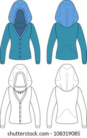 Template outline illustration of a blank hooded woman jacket