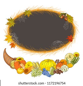 Template with outline, turkey, pumpkin pie, cornucopia, pumpkins, other vegetables, fruits, berryes,  and autumn leaves. Vector illustration. Thanksgiving Day on chalkboard background. Vector illustra